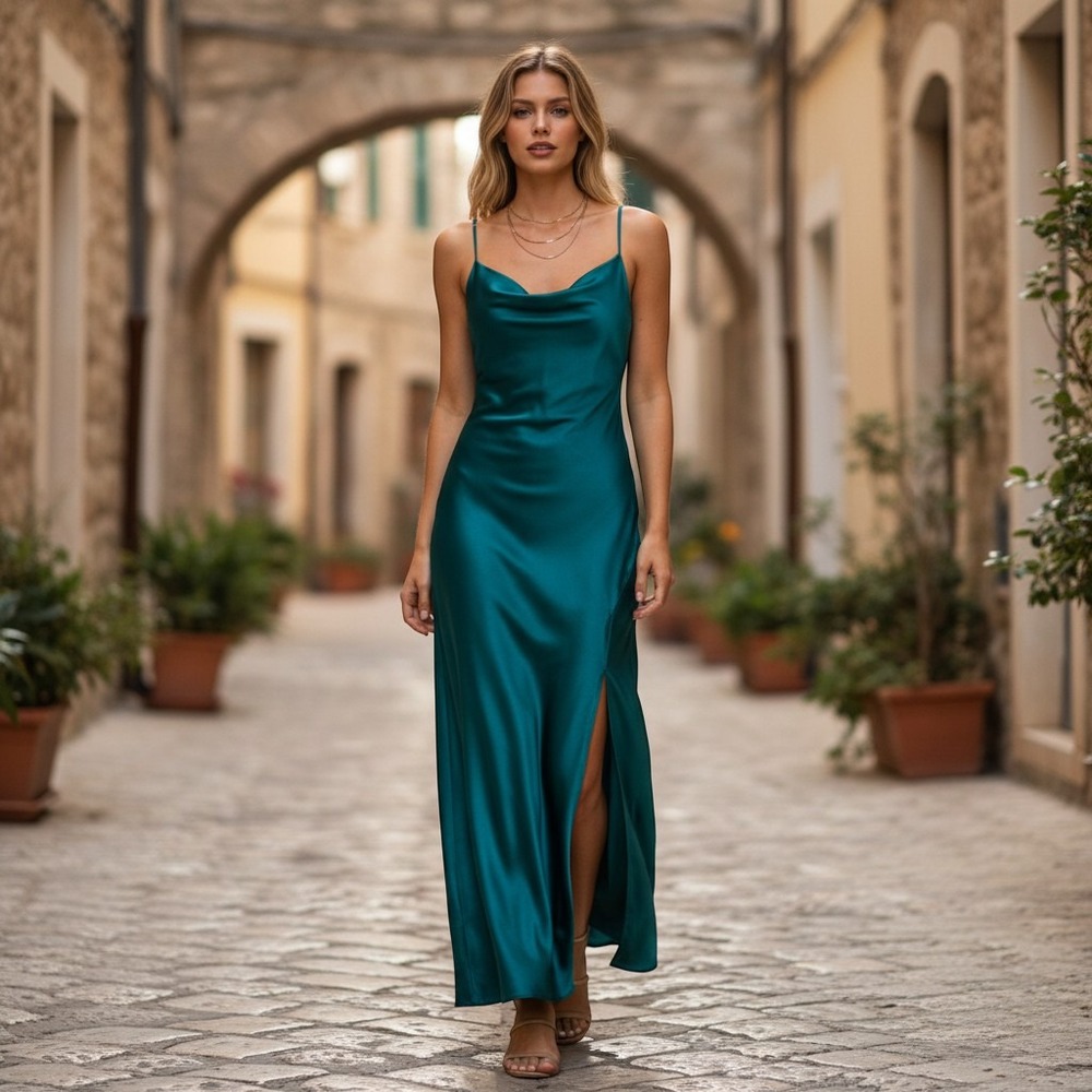 Paper Heart Womens M Satin Cowl Neck Slip Midi Dress Green Prom Weeding Cocktail